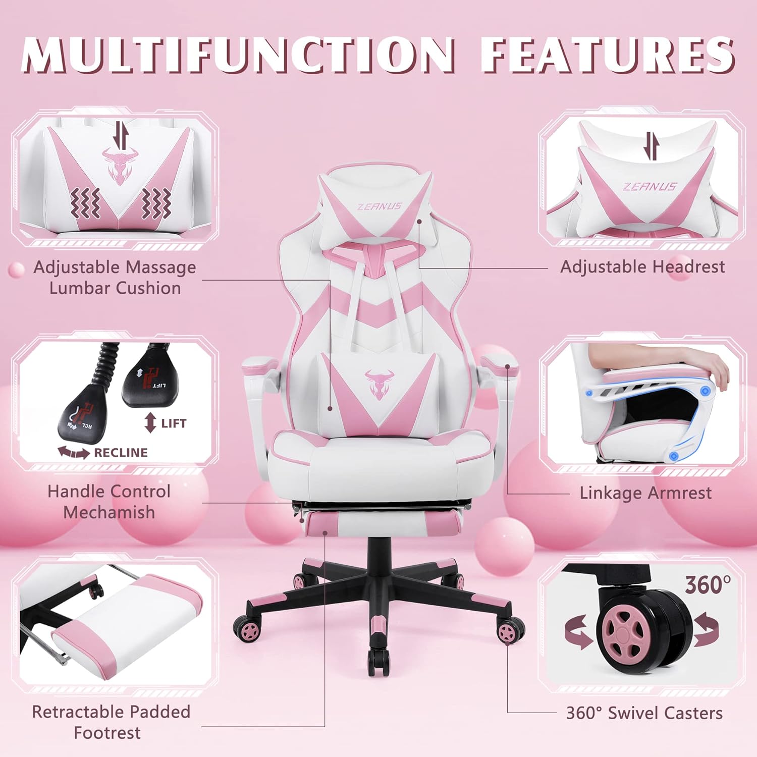 Silla de juegos para niña con masaje rosa silla de juegos para ordenador con