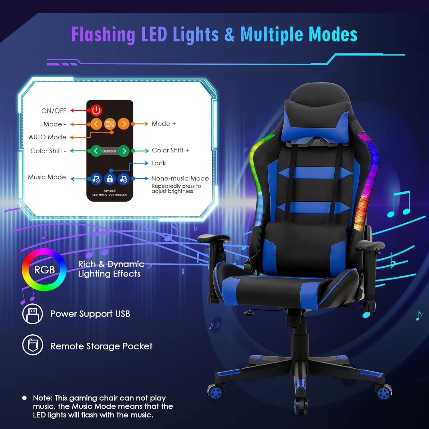 Silla de juegos RGB silla ergonómica de videojuegos con luz LED silla de
