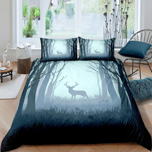 Funda de edredón con diseño de ciervo y bosque brumoso, juego de ropa de cama