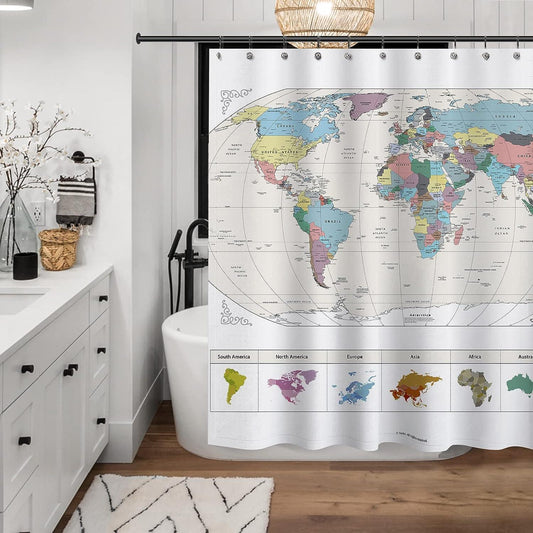 Mapa del mundo con ciudades importantes detalladas. Cortinas de ducha de tela - VIRTUAL MUEBLES