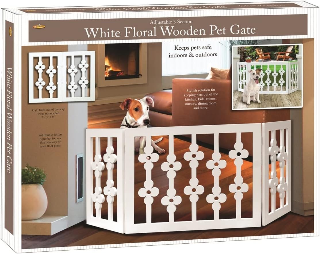 Etna Puerta de madera para mascotas con diseño floral blanco, plegable,
