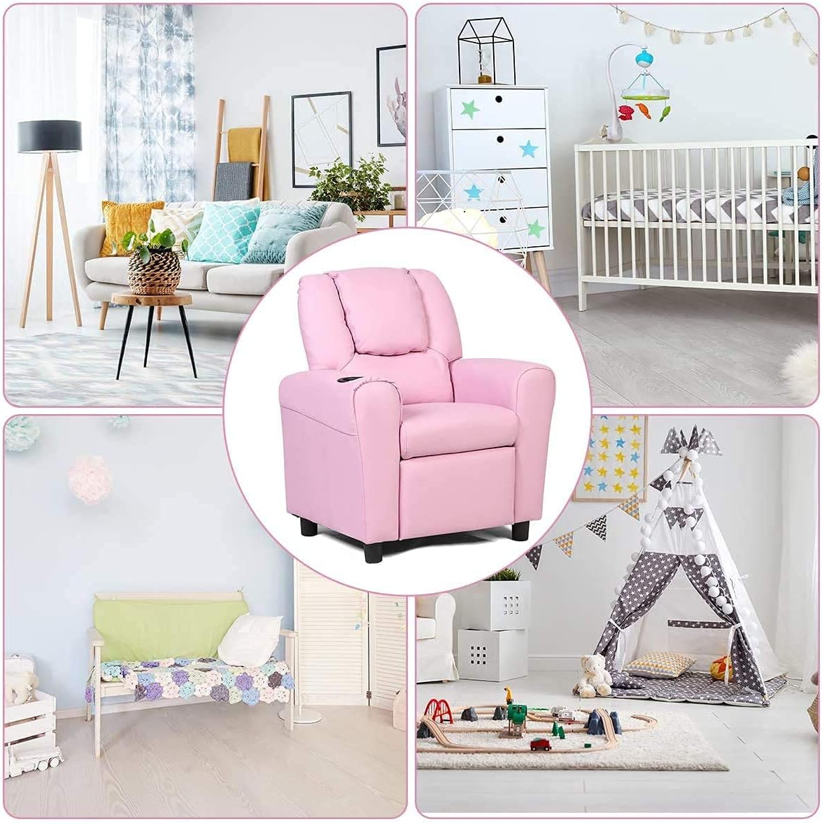 ARLIME Silla reclinable para niños, sillón tapizado con soporte para tazas,  respaldo, sofá de cuero para bebé con reposacabezas y reposapiés, muebles
