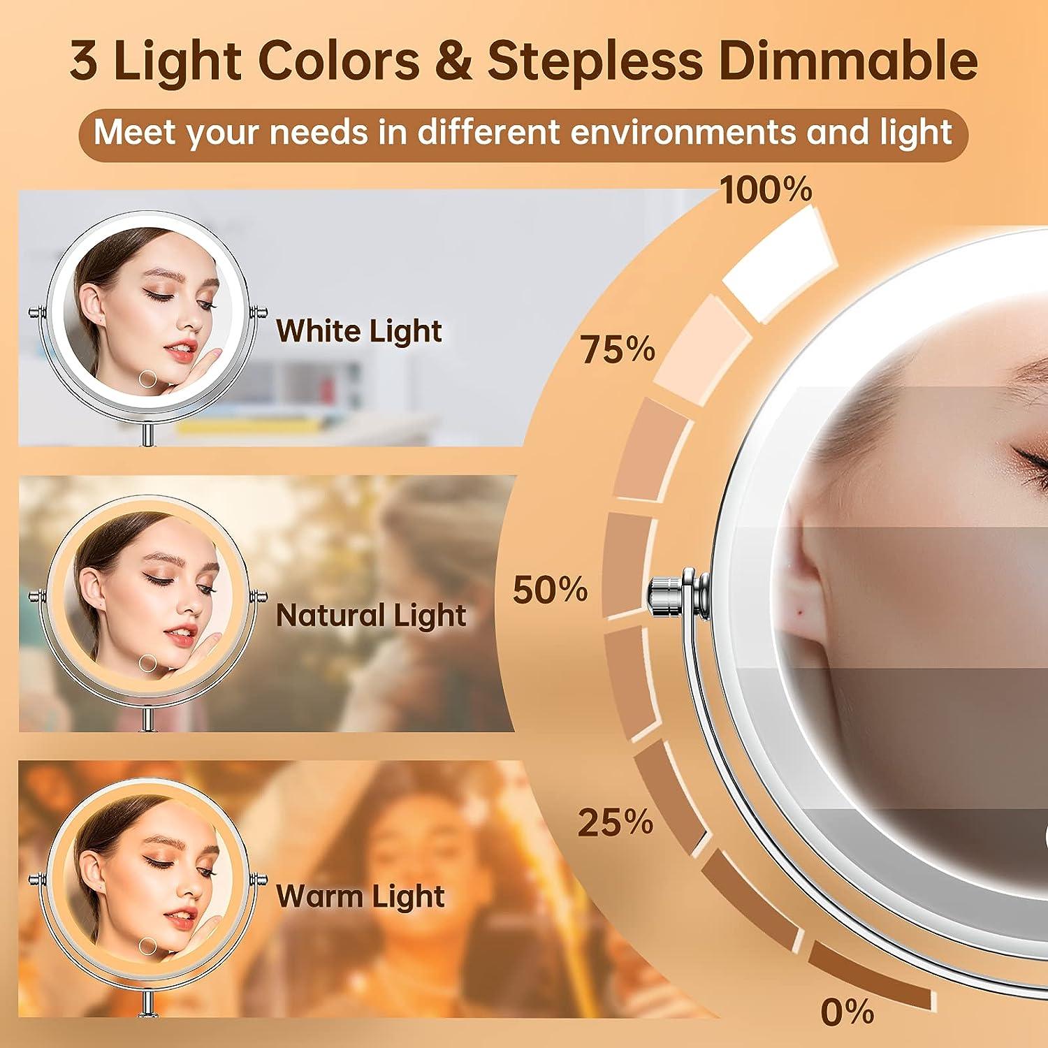 Gospire Espejo de maquillaje iluminado con aumento de doble cara de pie  redondo de 360 grados para afeitarse el baño, 7 pulgadas de diámetro