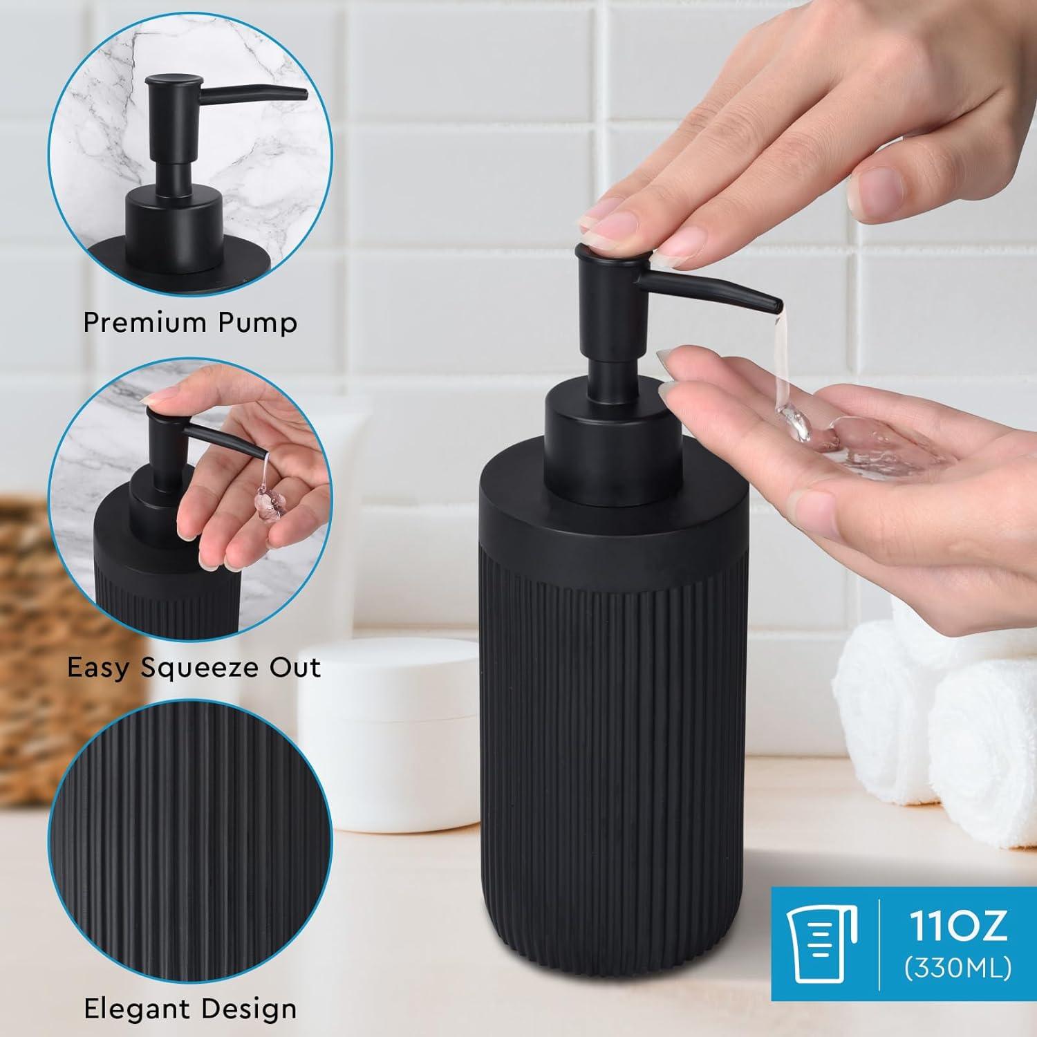  Dispensador de jabón líquido recargable para manos, accesorios  de baño, juego de cerámica – Kit de suministros de baño de 5 piezas,  incluye dispensador de jabón de loción, soporte para cepillos