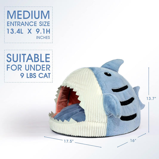Bonita cama suave para gatos, cueva cálida en forma de tiburón para interiores