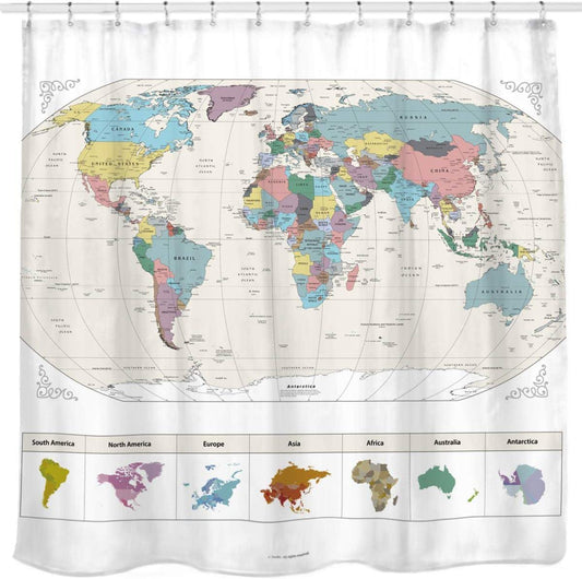 Mapa del mundo con ciudades importantes detalladas. Cortinas de ducha de tela - VIRTUAL MUEBLES
