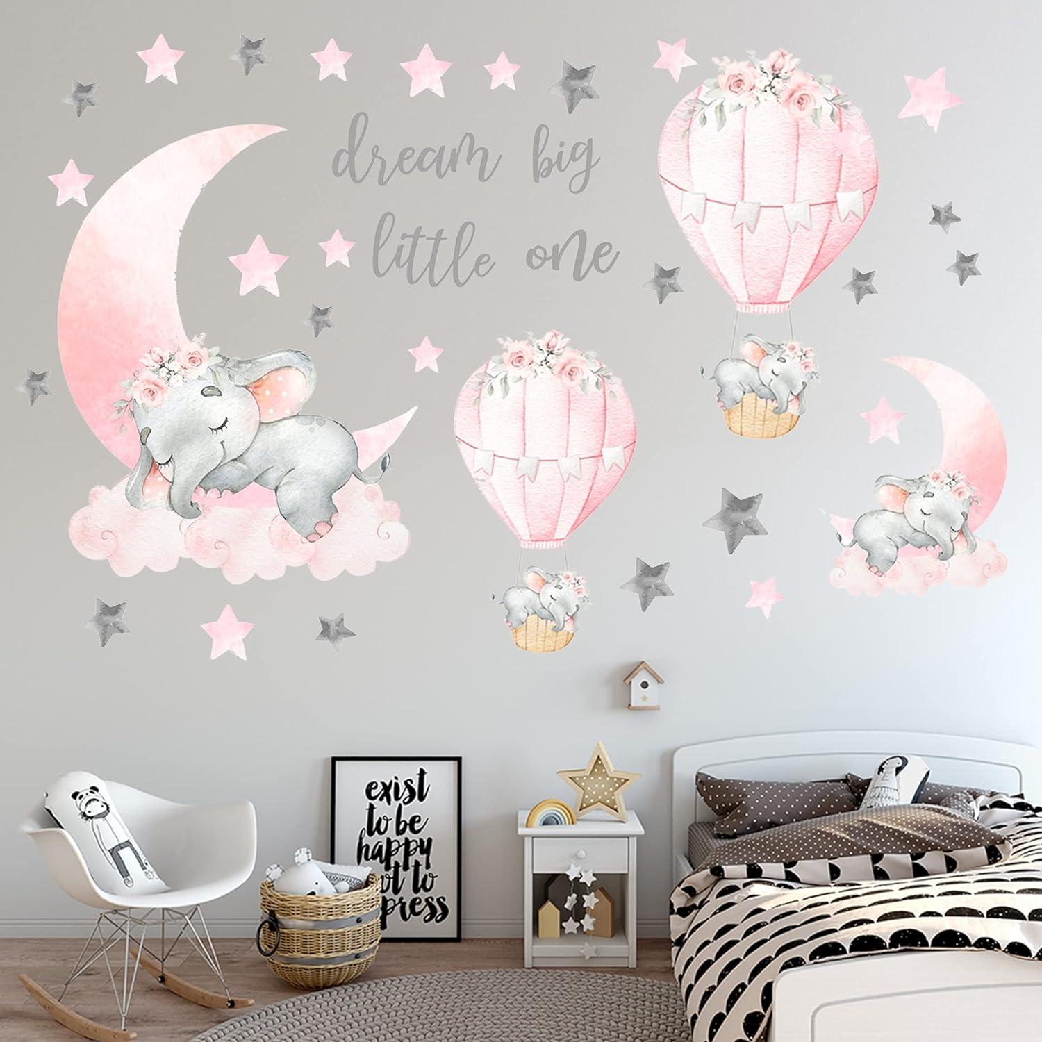 Calcomanías de pared Dream Big Little One Elefante, globo aerostático rosa con - VIRTUAL MUEBLES