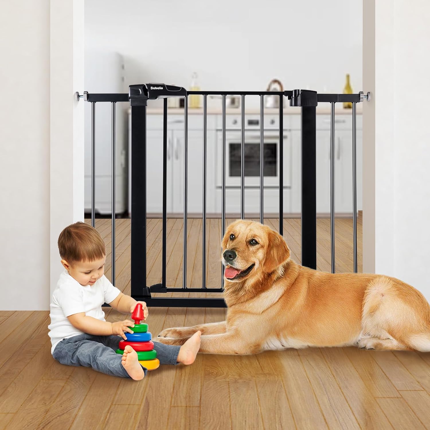 BABELIO Puerta de metal para bebé, puerta para perros de 29 a 48 pulgadas,  con cierre automático, puerta extra ancha para mascotas para escaleras y