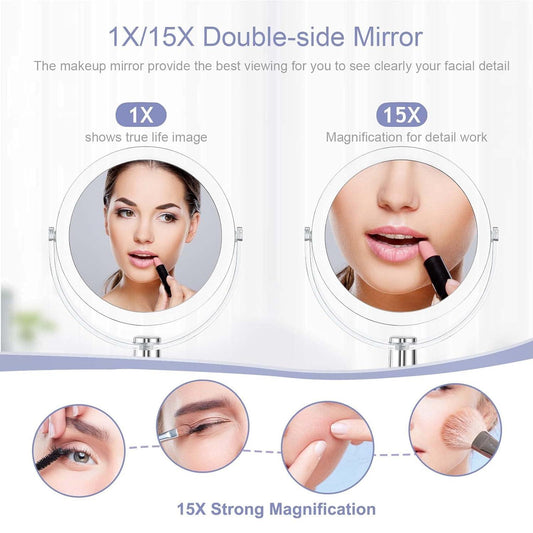 Espejo de maquillaje con soporte aumento 1X15X de doble cara giratorio de 360 - VIRTUAL MUEBLES