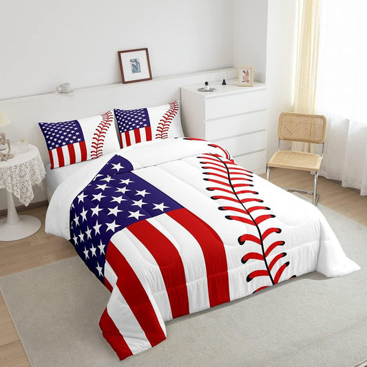 Juego de edredón de bandera estadounidense, juego de ropa de cama de béisbol