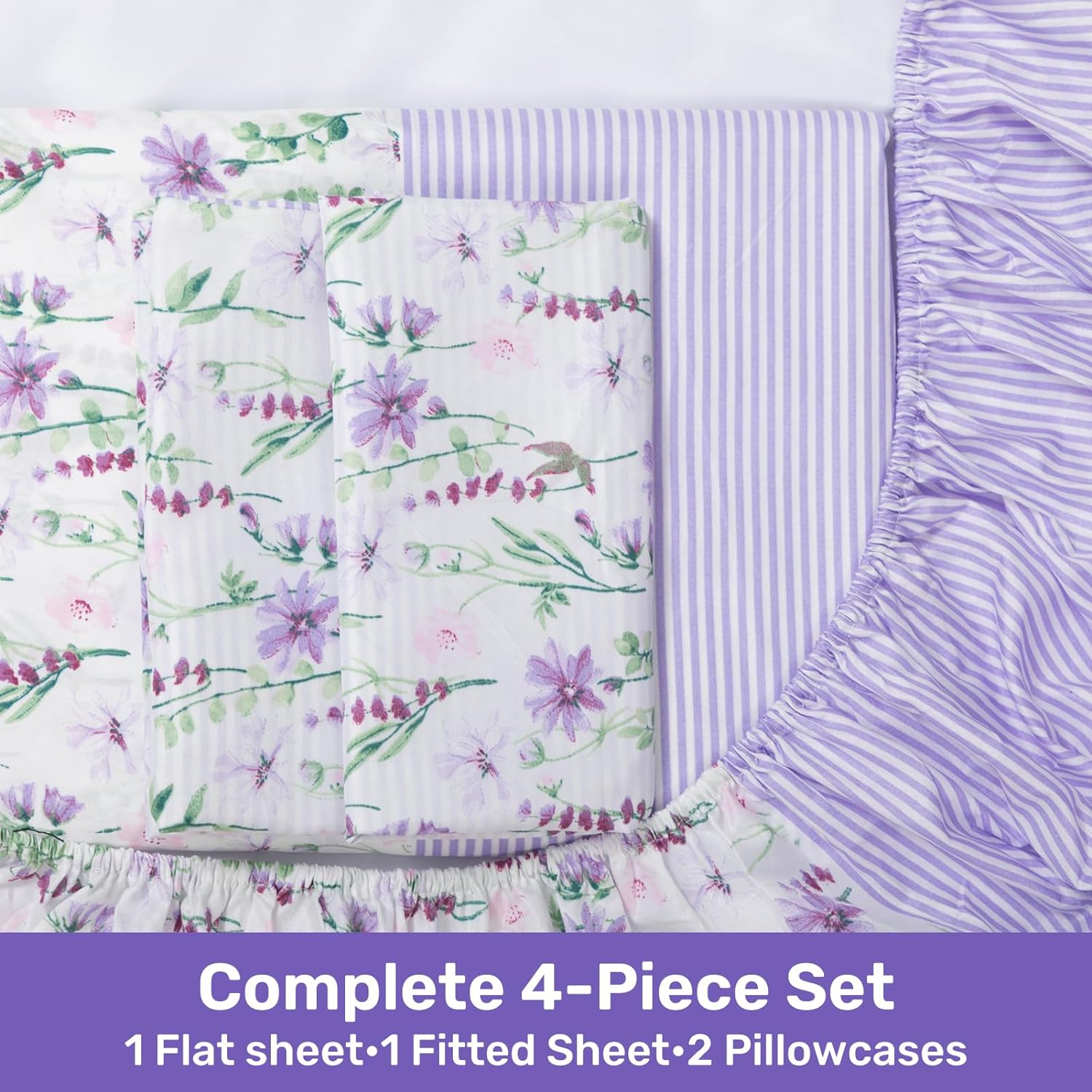 Juego de sábanas de 4 piezas con estampado floral, sábanas de microfibra suave