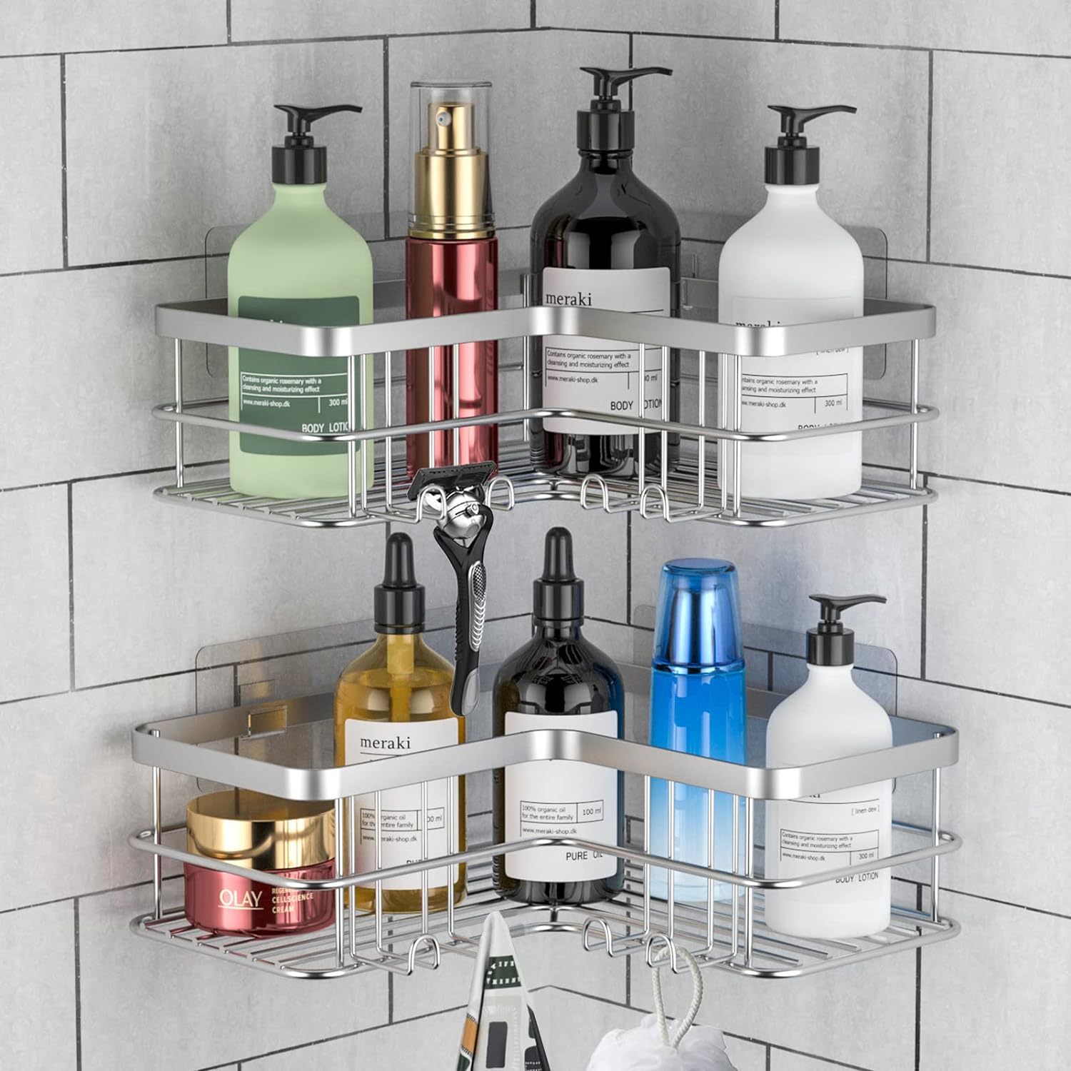 YASONIC Organizador de ducha esquinero, paquete de 3 unidades de  organizador de ducha adhesivo con soporte para jabón y 12 ganchos,  organizador de