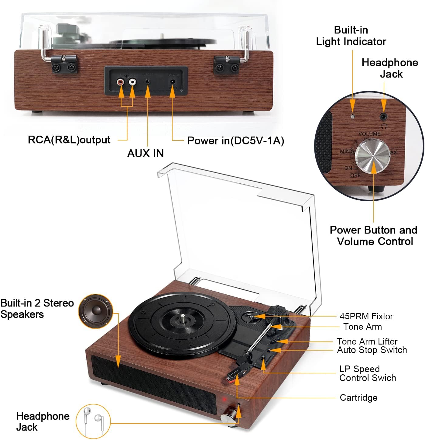 Reproductor de discos de vinilo con altavoces estéreo incorporados,  tocadiscos Bluetooth, reproductor de 3 velocidades con entrada y salida  Bluetooth