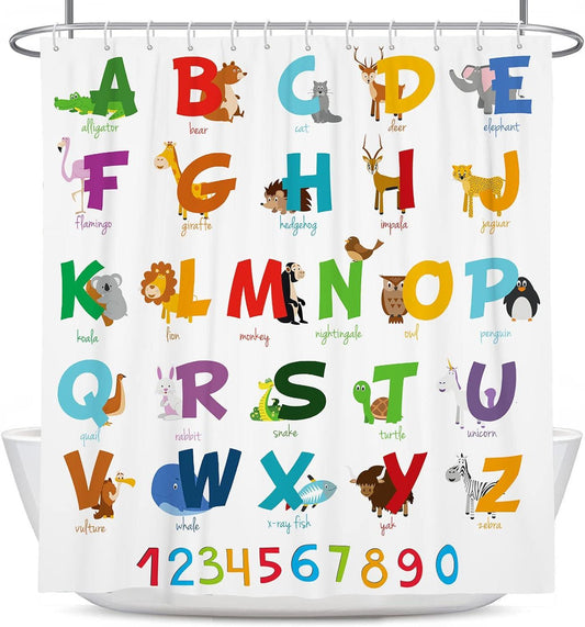 Coxila Linda cortina de ducha ABC con patrón de alfabeto, animales, aprendizaje - VIRTUAL MUEBLES