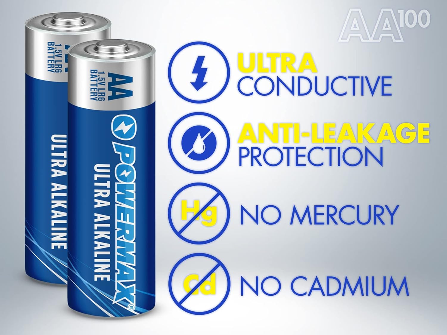 Powermax 100 pilas AA de larga duración, batería alcalina de larga duración,