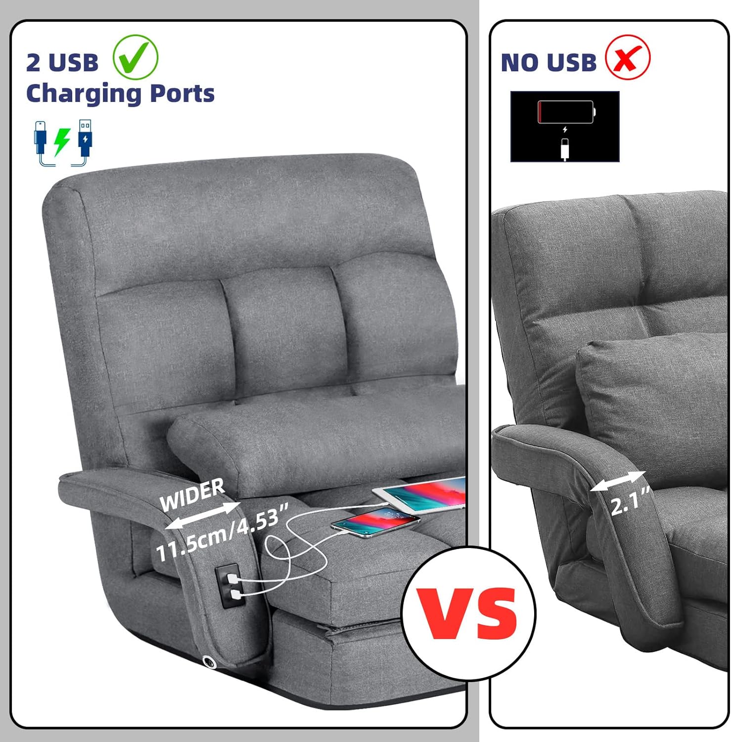 Cómoda silla de piso para dormitorio, 2 puertos de carga USB, sofá de piso de 5