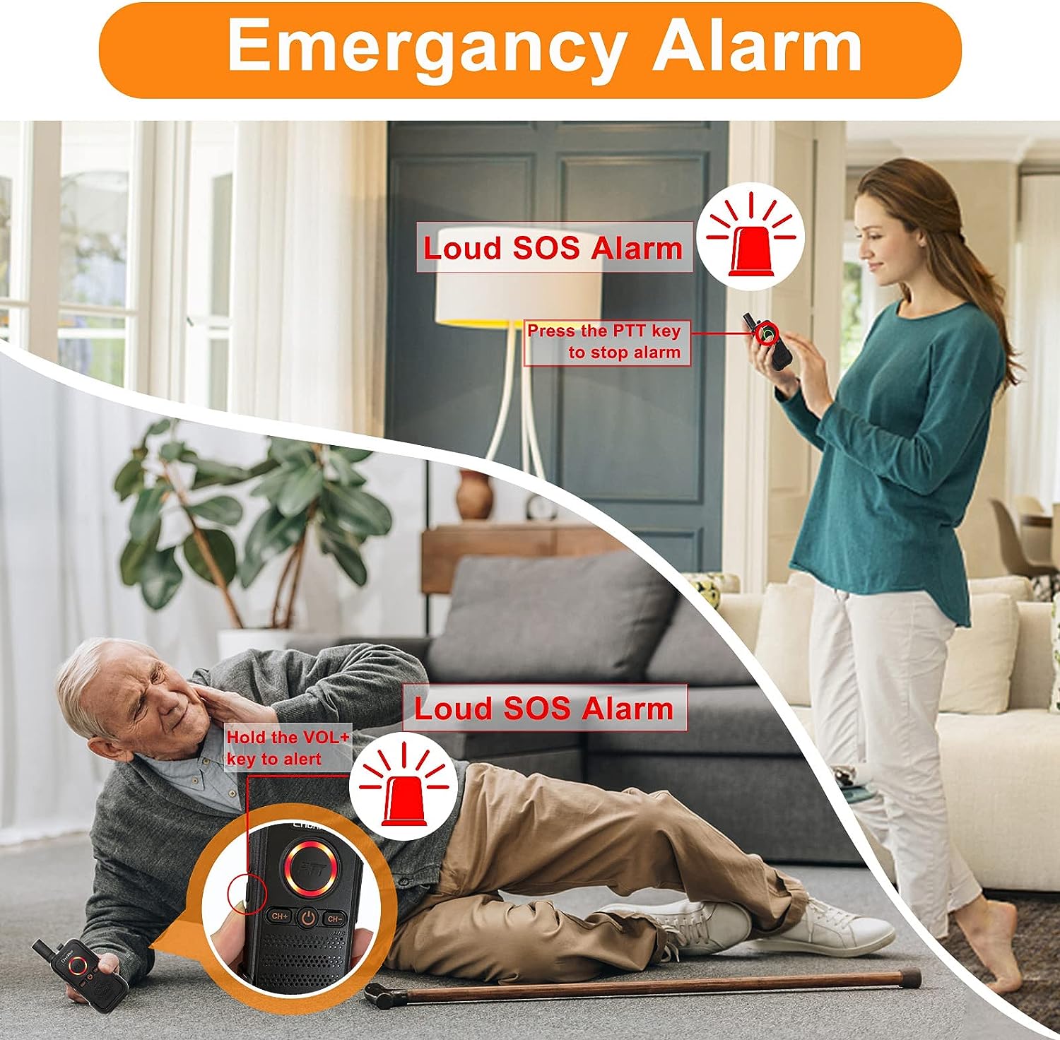 ChunHee Paquete de 2 intercomunicadores inalámbricos negros para cuidadores  domésticos para ancianos con alarma SOS de emergencia, sistema de