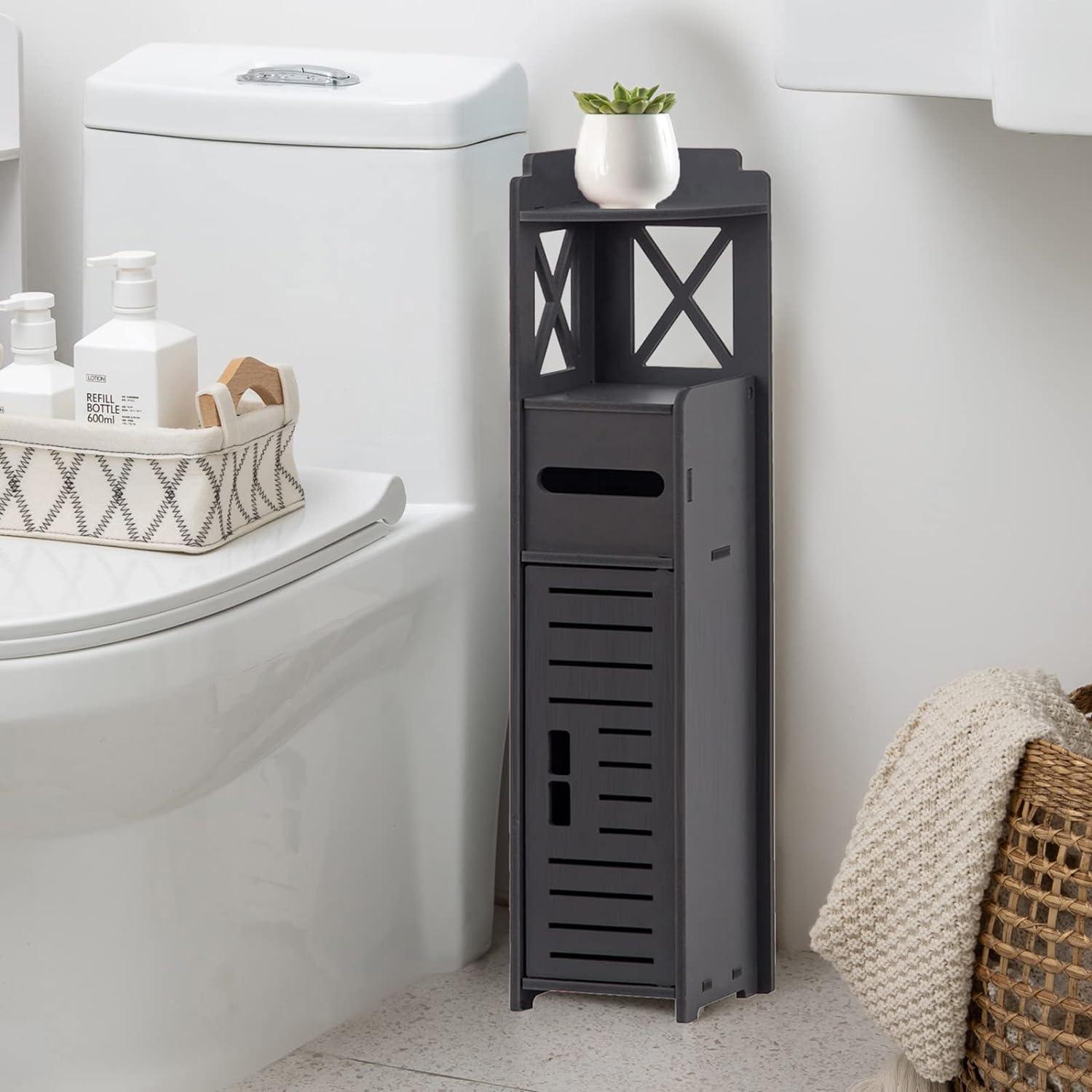 Almacenamiento pequeño para baño, armario de almacenamiento de baño con  inserto de soporte de papel higiénico, soporte de baño para espacios  pequeños