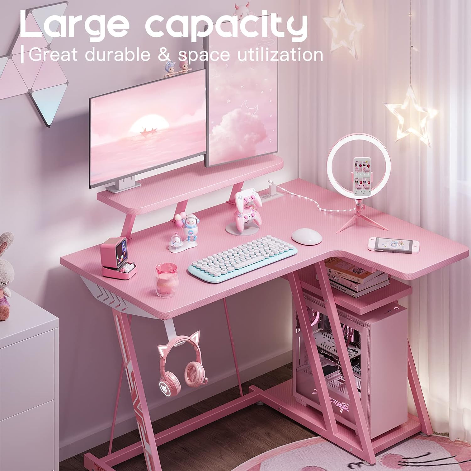 MOTPK Escritorio rosa para juegos con luces LED, escritorio de fibra de  carbono en forma de L, mesa de juegos esquinera en forma de L, escritorio  para