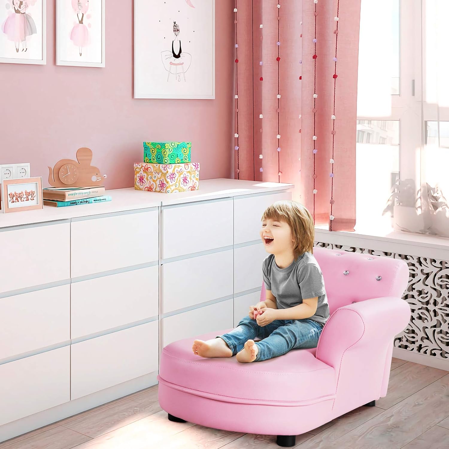 Sofá para niños, sillas de princesa para niñas con marco de madera y superficie