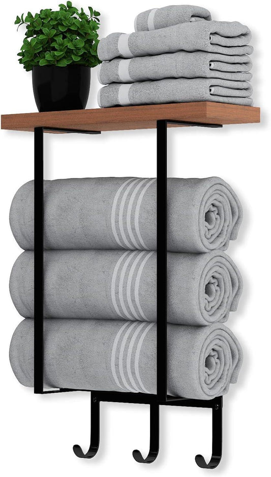 Toallero para baño montado en la pared, toallero con estante de madera y 3 - VIRTUAL MUEBLES