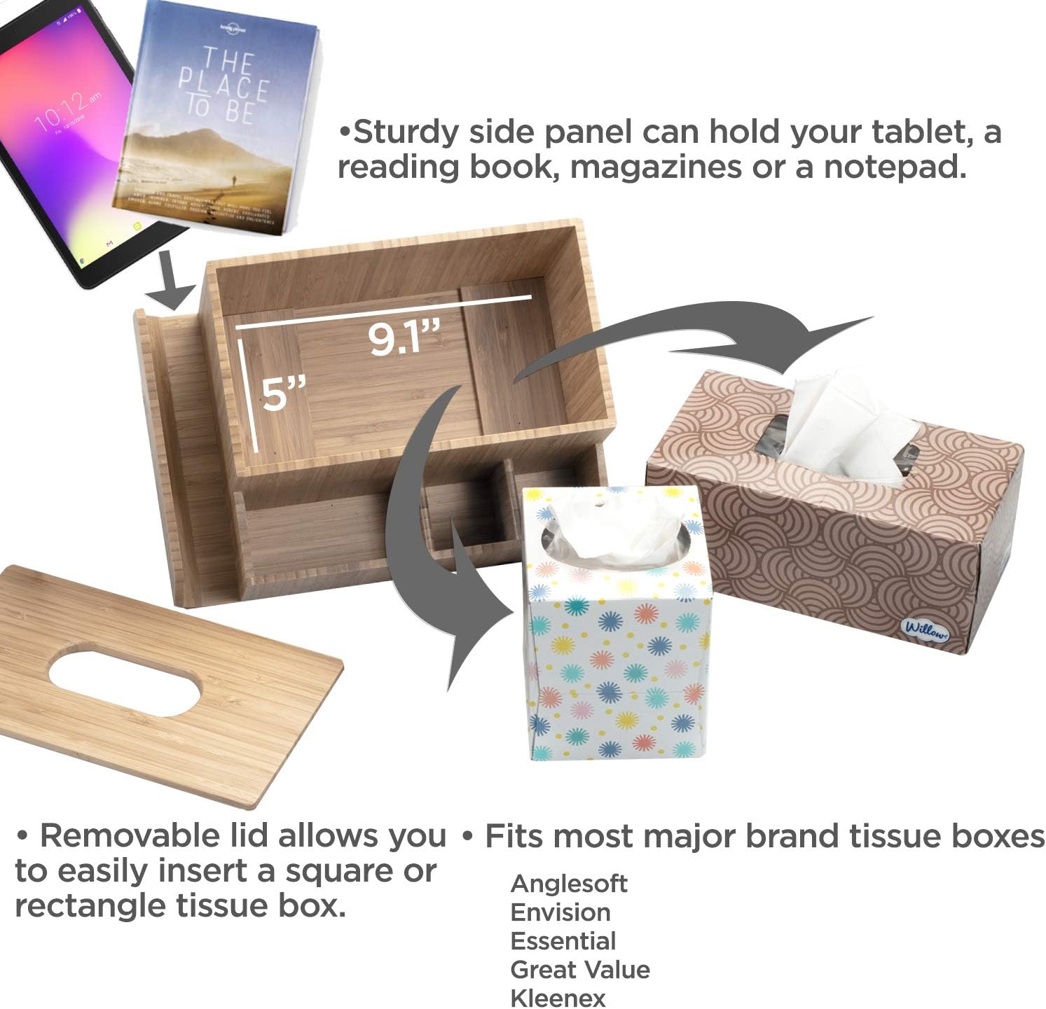 Bamboo Tissue Box Holder & Tablet Stand Organizer for Bedroom & Desktop