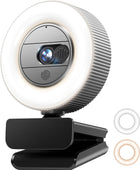 Cámara web QHD de 2K con micrófono y luz de anillo, cubierta de privacidad para