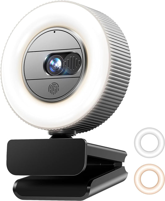 Cámara web QHD de 2K con micrófono y luz de anillo, cubierta de privacidad para