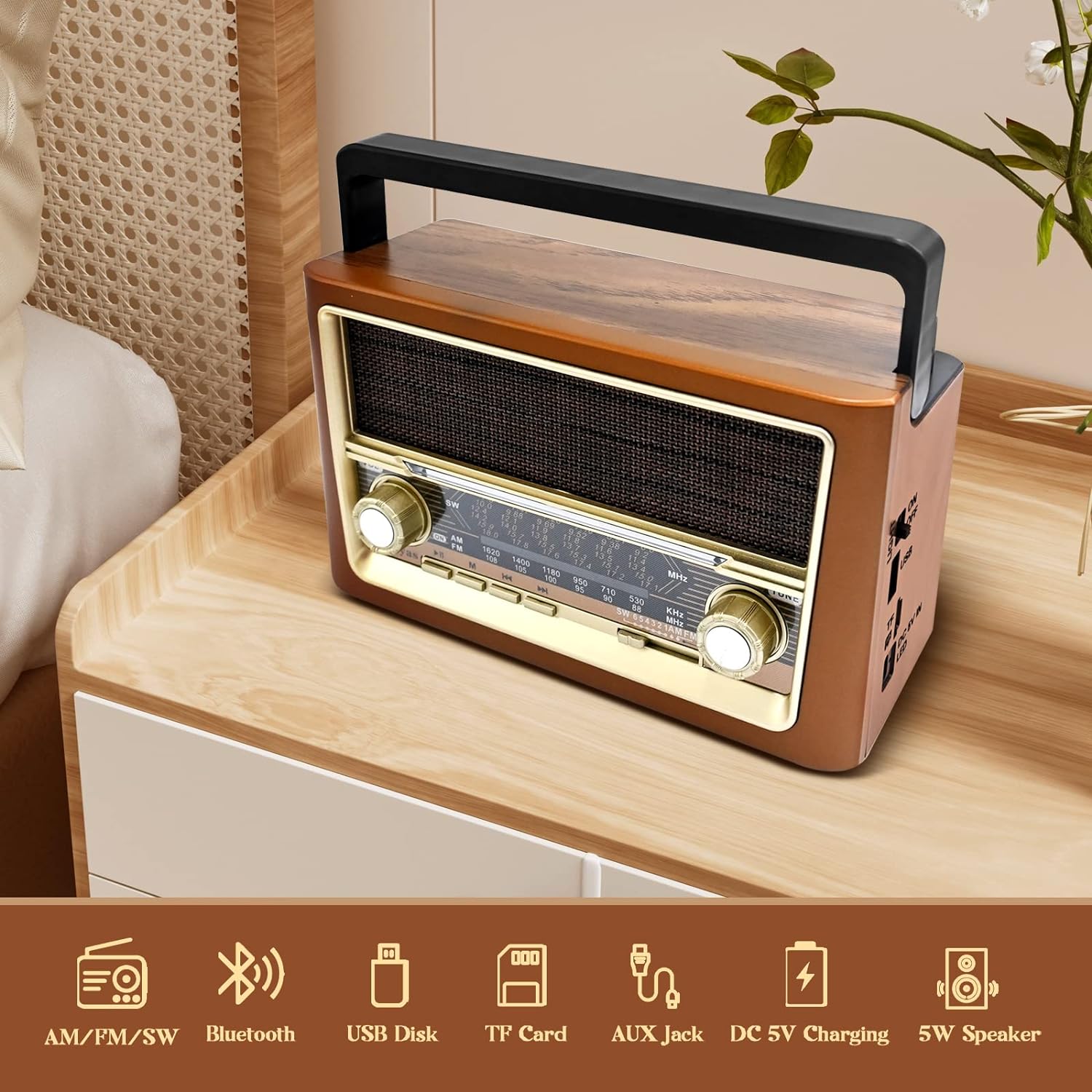 Radio portátil retro AM FM Radio de onda corta incorporada con batería  vintage con altavoz Bluetooth, tarjeta TF AUX disco USB reproductor MP3,  día