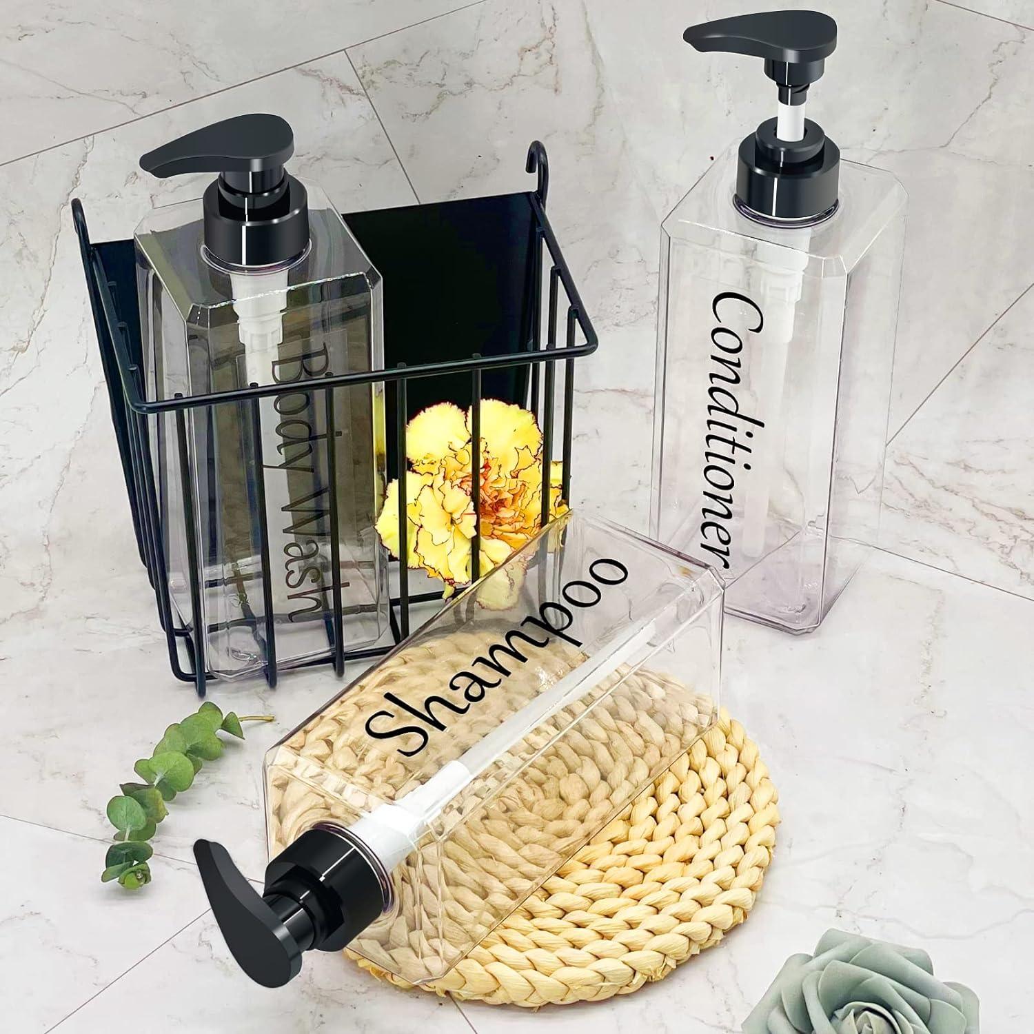  Dispensador de champú y acondicionador (juego de 3, 27 onzas),  moderno frasco de bomba de champú recargable para jabón de ducha, juego de  dispensador de champú vacío, etiquetas permanentes elegantes, para