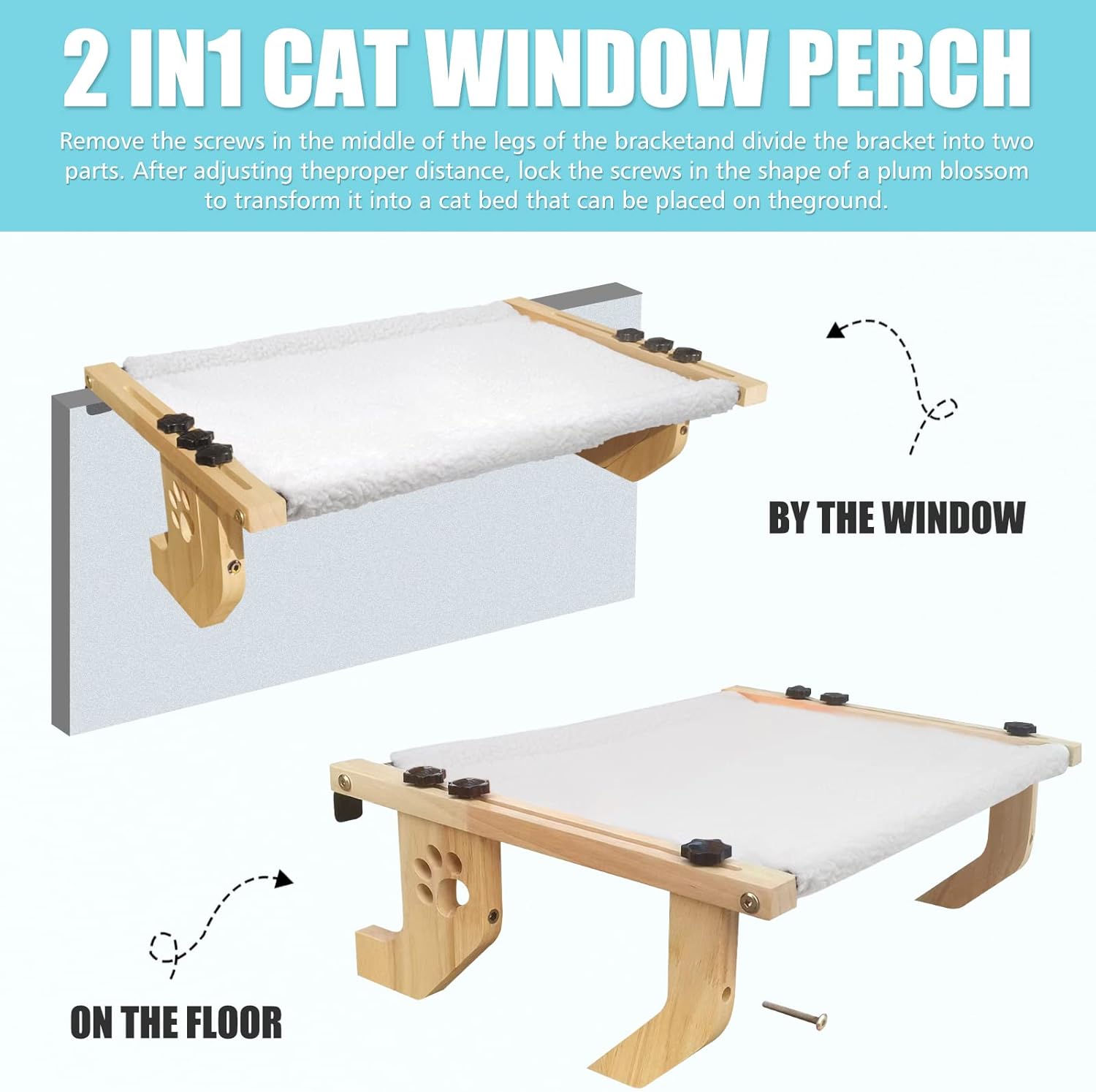  Petsfit Hamaca de gato para ventana, diseño grande con soporte  de madera maciza gruesa, tubo de metal, cubierta extraíble, percha para  gatos con capacidad para hasta 45 libras : Productos para