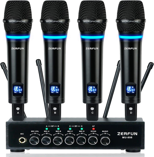 Sistema de micrófono inalámbrico UHF de 4 canales recargable, micrófonos