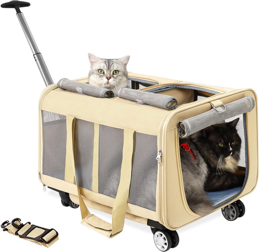 Transportador de mascotas de doble compartimento con ruedas para 2 gatos