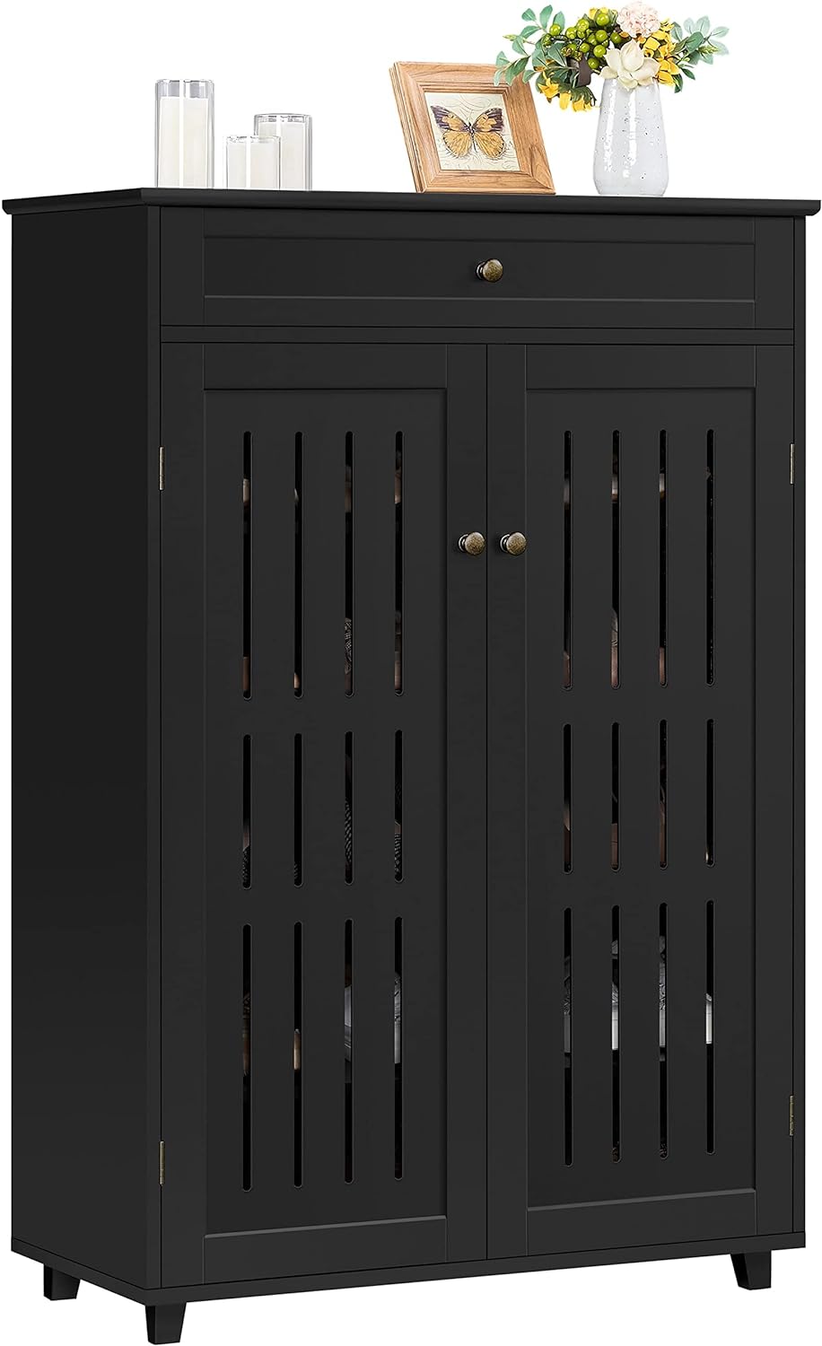 Gabinete de almacenamiento de piso, organizador de madera con cajón, 2 puertas
