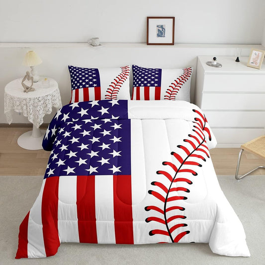 Juego de edredón de bandera estadounidense, juego de ropa de cama de béisbol
