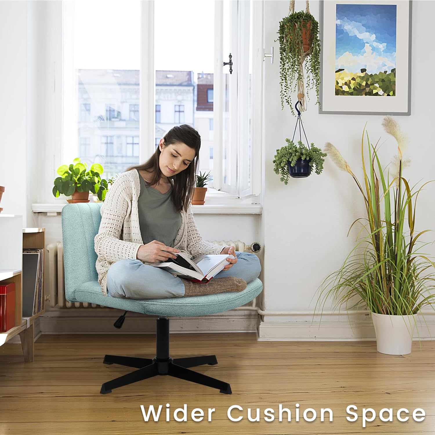 Silla de oficina con patas cruzadas, silla de escritorio sin brazos blanca,  sin ruedas, asiento ancho, silla de oficina en casa, silla de tocador