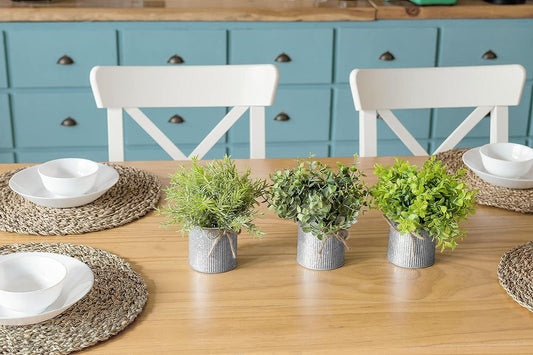 Mini plantas falsas en macetas de metal galvanizado centro de mesa decoración - VIRTUAL MUEBLES