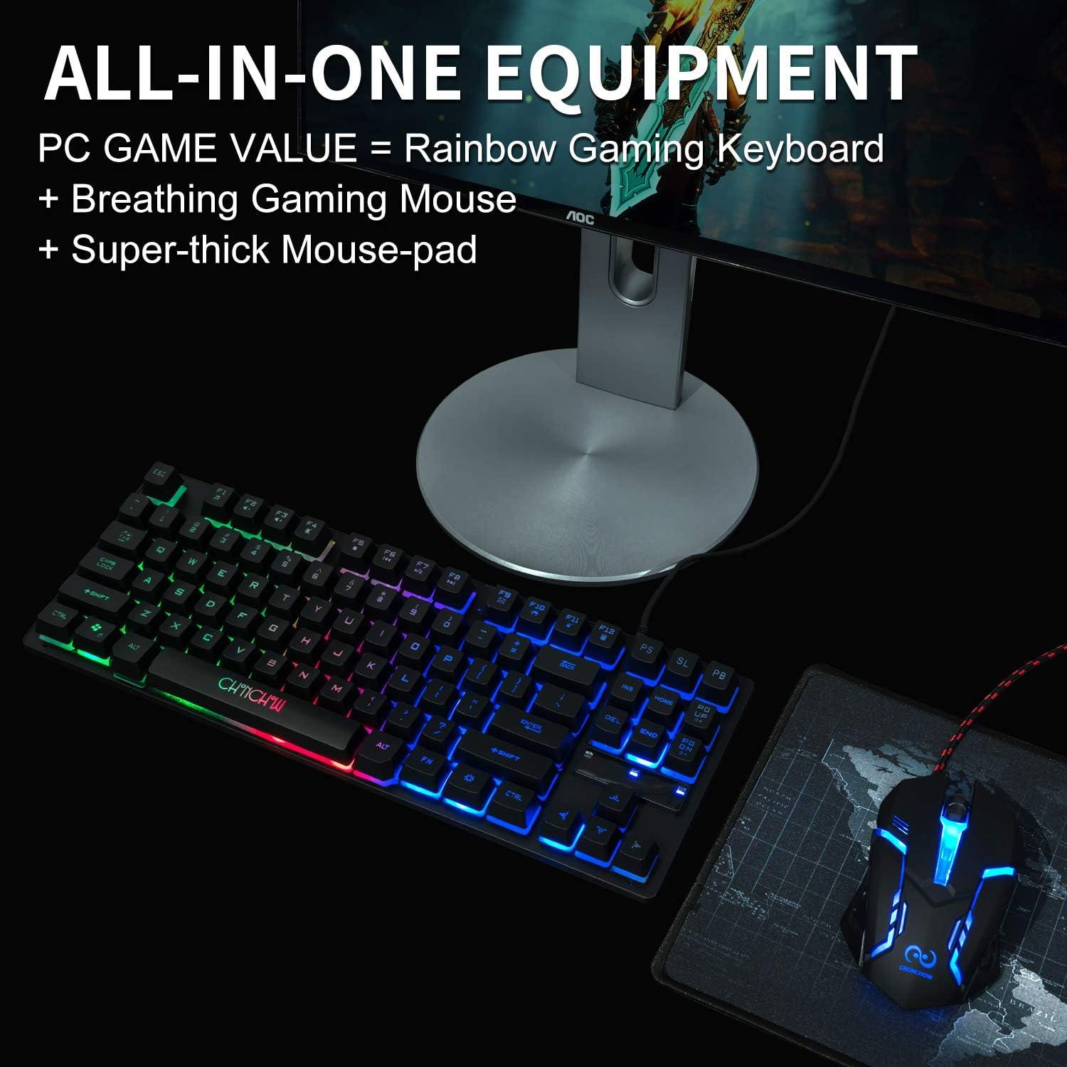 TKL - Teclado y mouse con cable para juegos, alfombrilla de mouse para  juegos, teclado mecánico retroiluminado LED arcoíris, mouse ligero RGB 6400  DPI