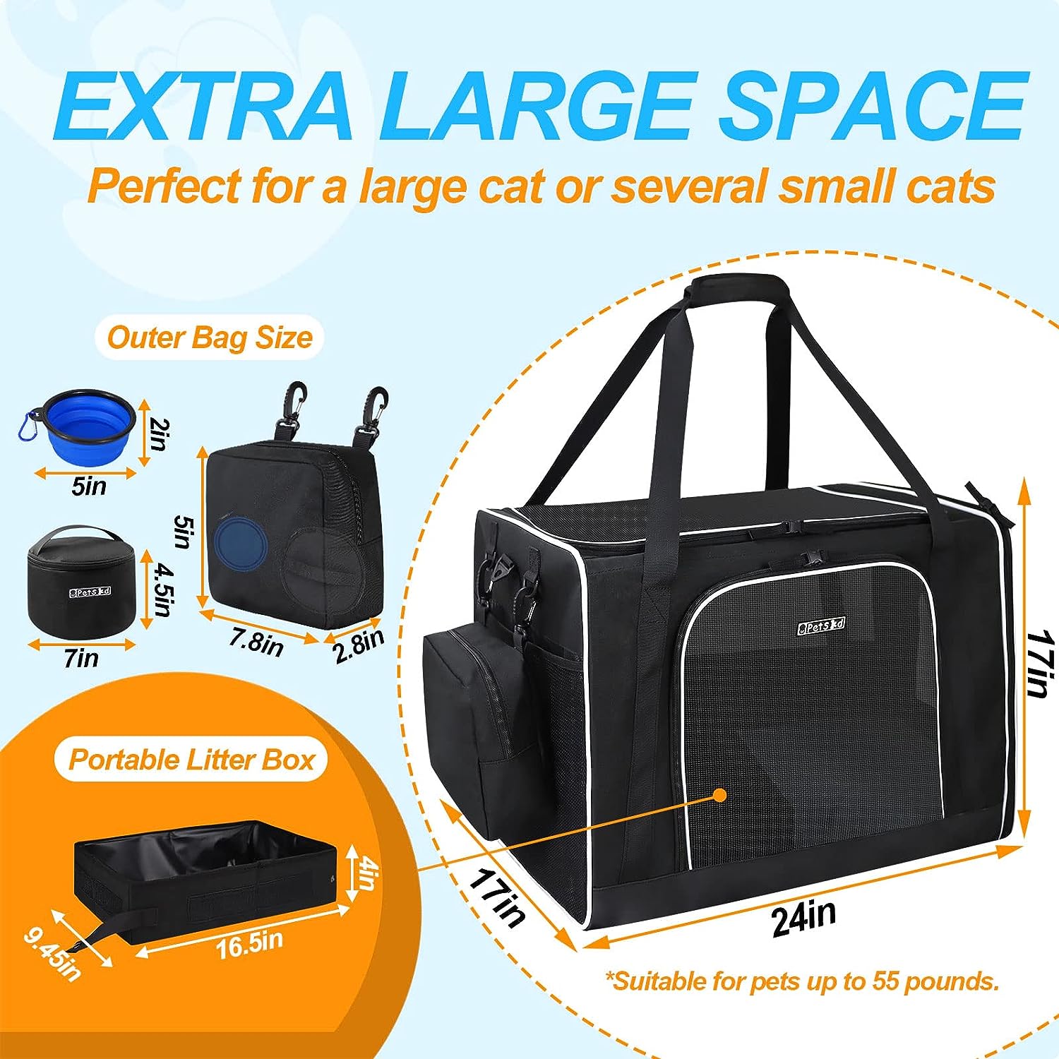 Transportador grande para mascotas de 24 x 17 x 17 pulgadas para gatos grandes,
