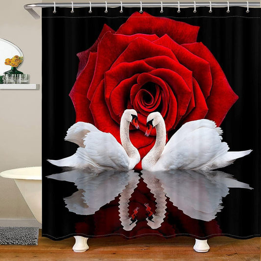 Cortina de ducha de rosa roja, cortina de baño de cisne blanco, juego de - VIRTUAL MUEBLES