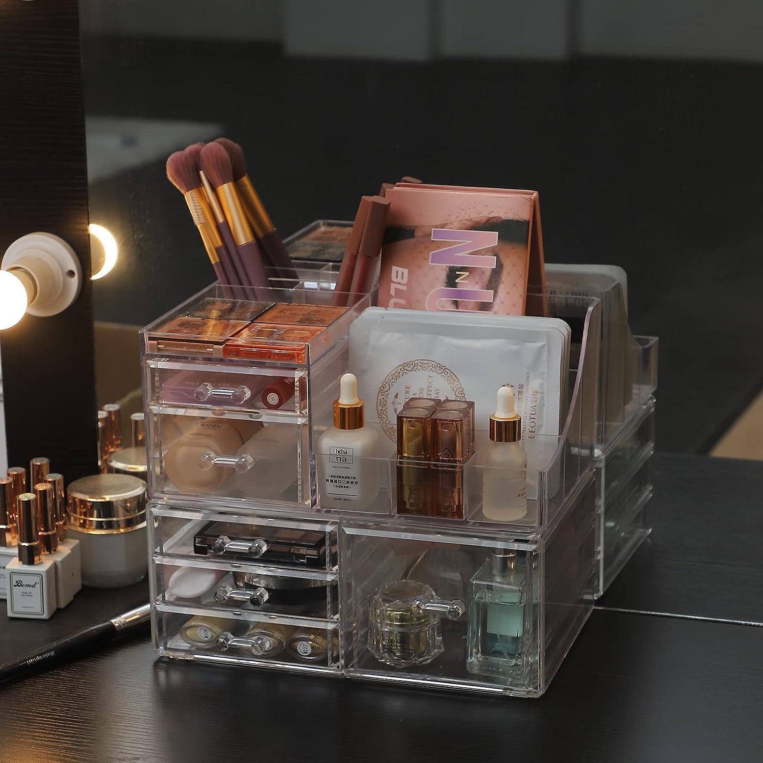 Organizador de maquillaje grande transparente y almacenamiento para  tocador, vitrinas de cosméticos acrílicos con cajones apilables para  encimeras de
