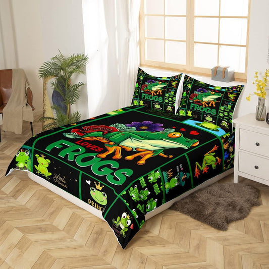 Juego de ropa de cama de rana verde, tamaño King, funda de edredón de animales