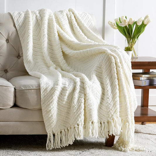 Manta para sofá, manta de felpilla tejida versátil color blanco crema para