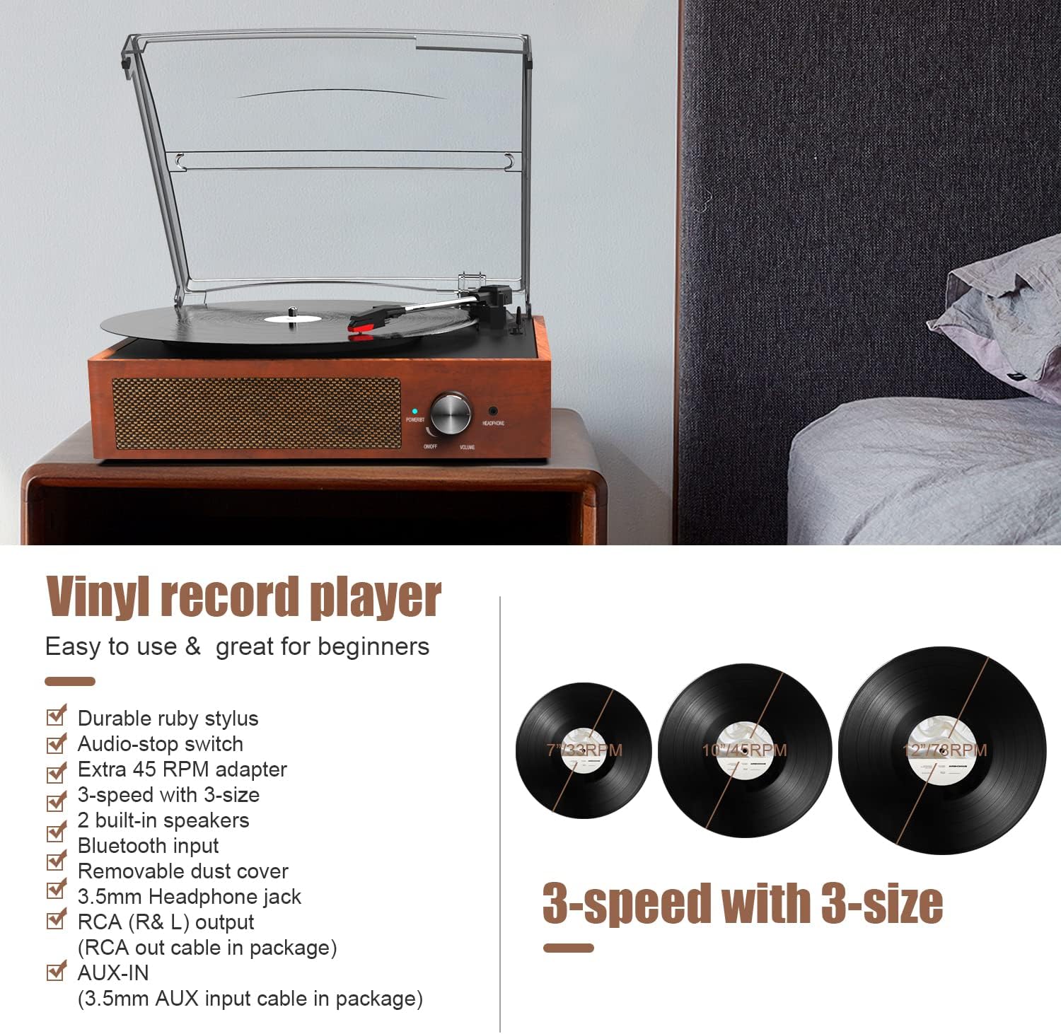 Tocadiscos de vinilo con 2 altavoces integrados reproductor LP vintage -  VIRTUAL MUEBLES