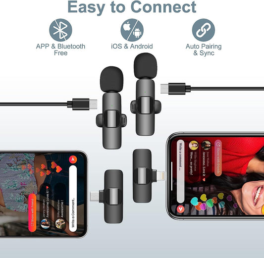 Micrófono inalámbrico para iPhone iPad Android (2 micrófonos y 2 receptores)