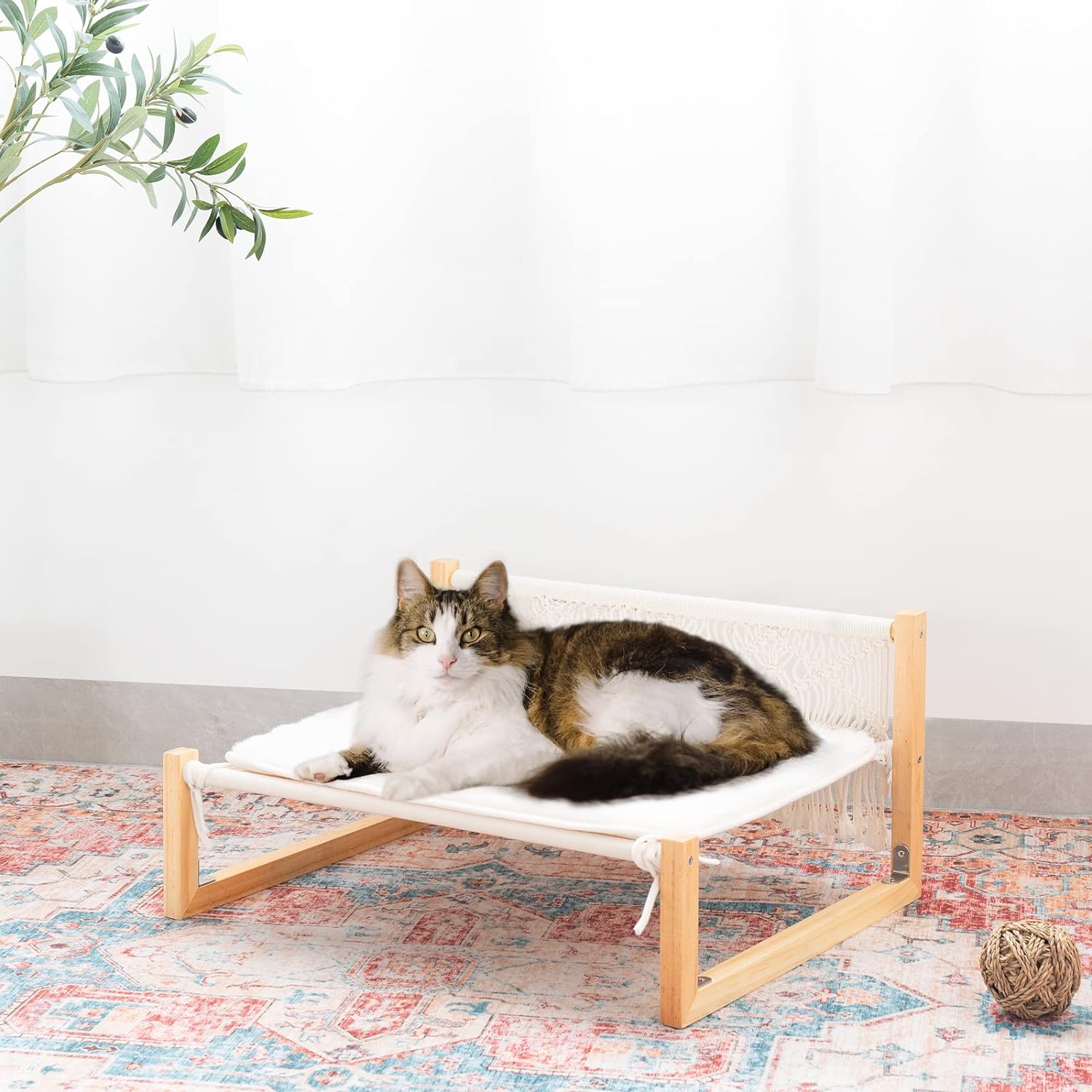 Hamaca bohemia para gatos con manta, cama elevada de macramé para mascotas para