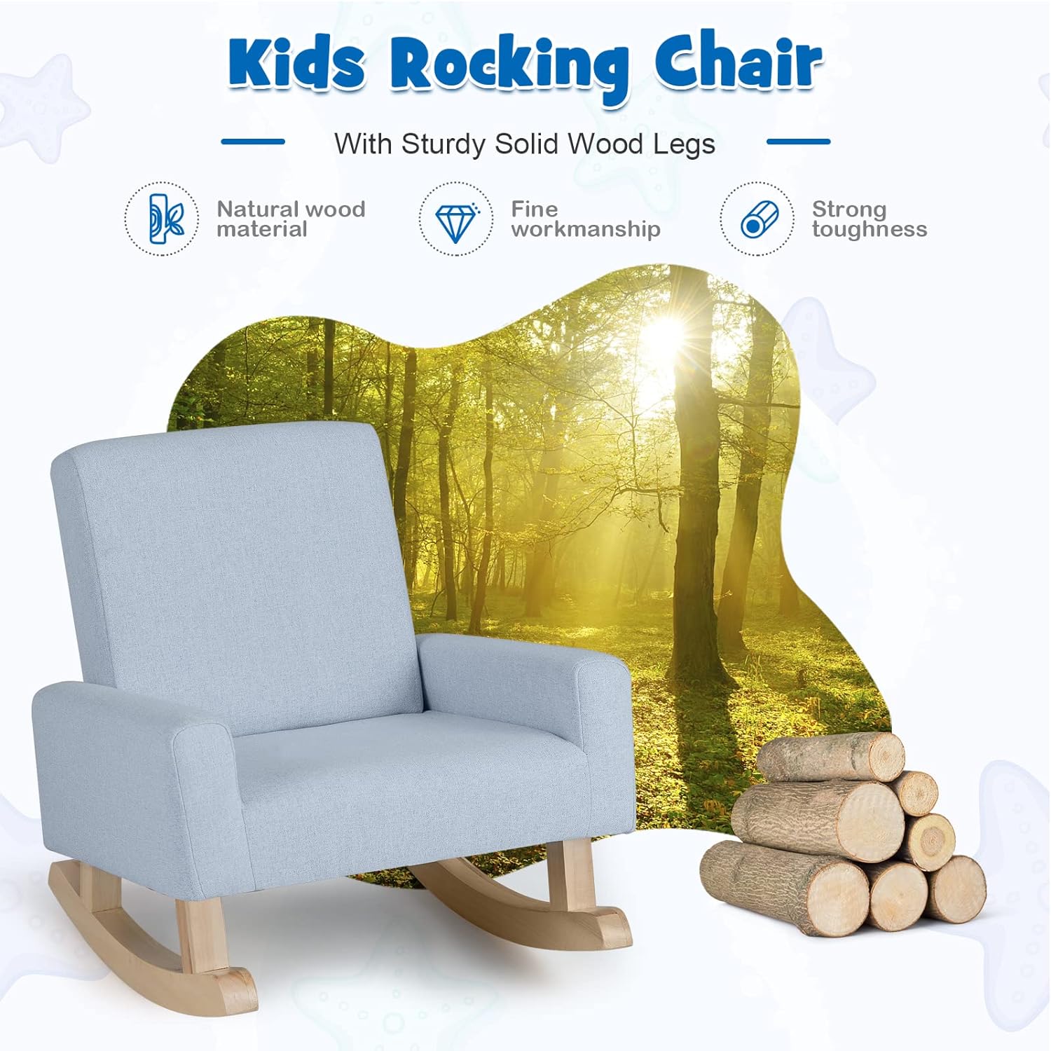 Sofá para niños, mecedora con marco de madera maciza, tela de lino, diseño