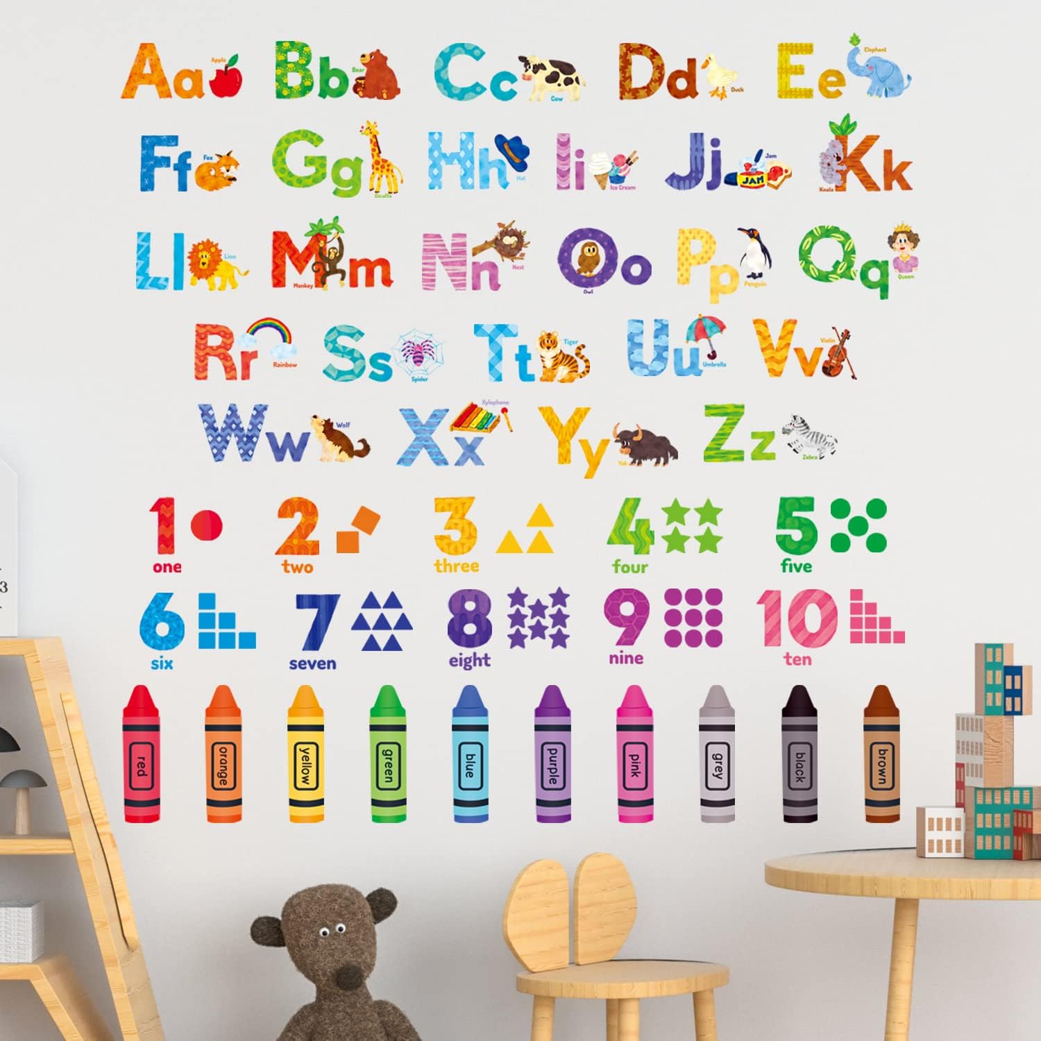 DS-8044 Calcomanías de colores del alfabeto de animales, calcomanías de colores