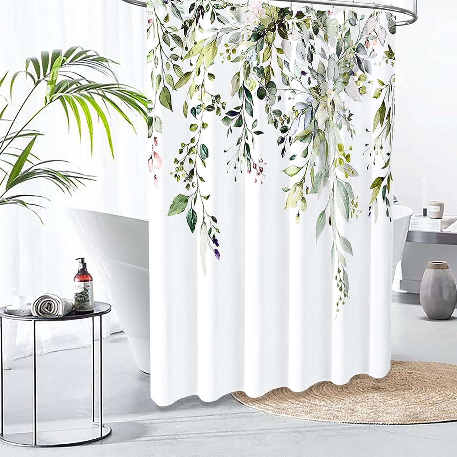Cortina de ducha de eucalipto verde, hojas de plantas, cortinas de ducha  para baño, juego de cortinas de ducha botánicas con 12 ganchos (verde)