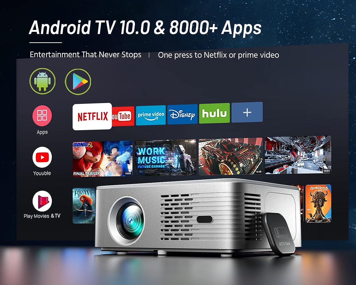 Soporte 4K Android TV 100 Proyector 5G WiFi Bluetooth nativo 1080P mot -  VIRTUAL MUEBLES